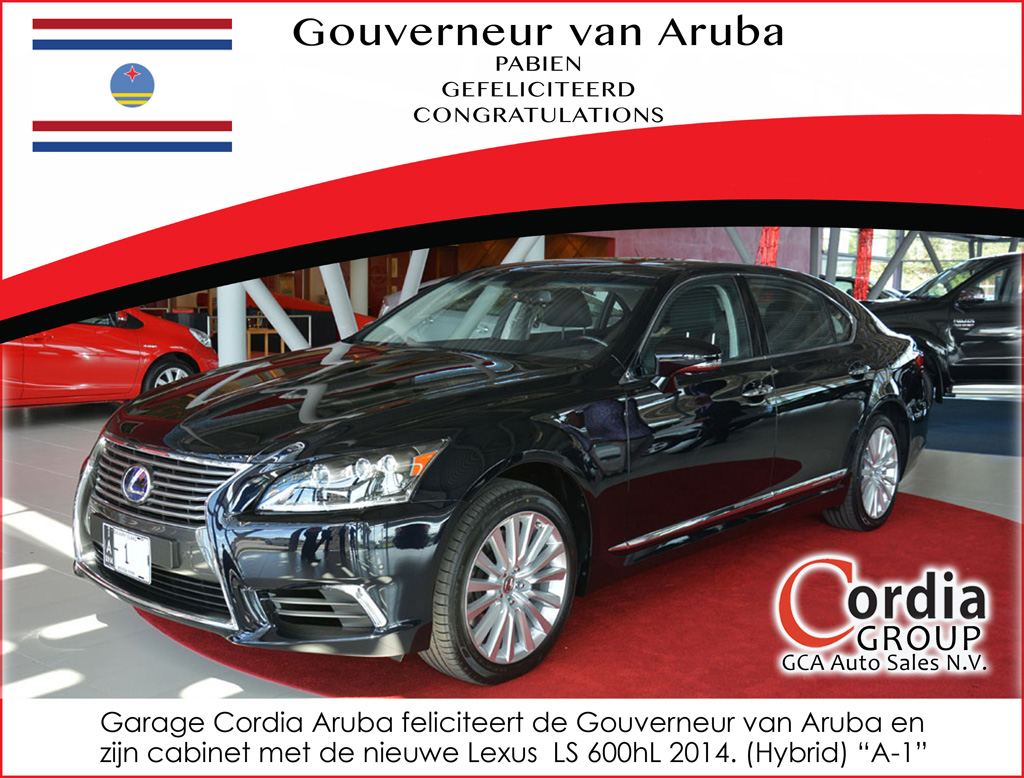Garage Cordia Aruba ta Felicita Gobernador di Aruba i su cabinete cu nan Lexus LS 600hl 2014