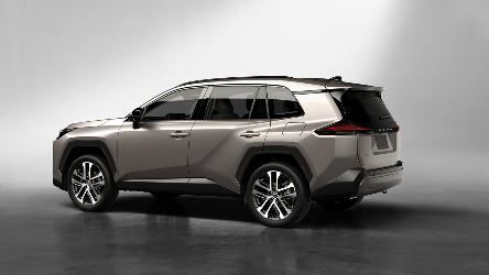 Rear three-quarter view of the new RAV4 in Urban Rock finish